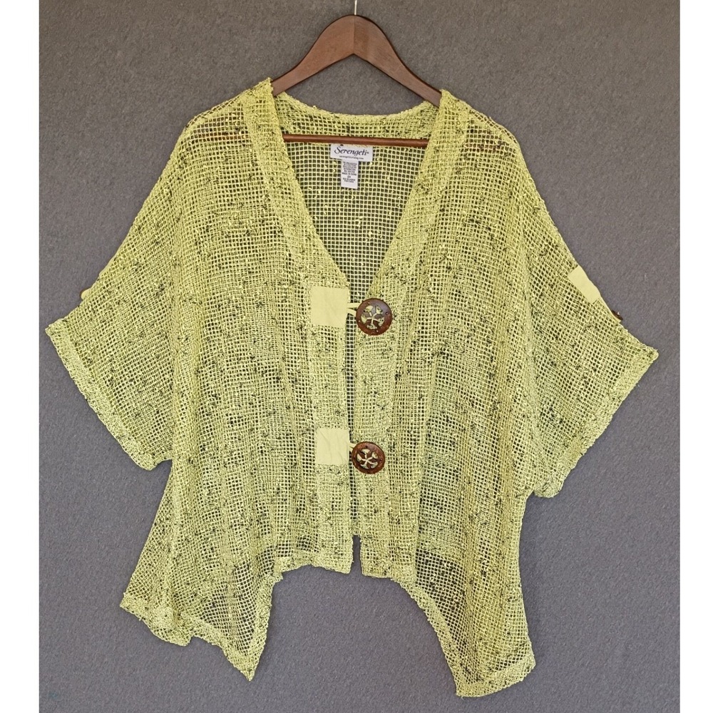Lime‎ Green Open Knit Cardigan Short Sleeve Button Front Size 2X Lagenlook Boho